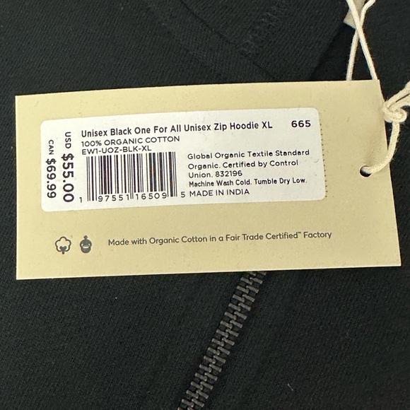 pact Gender Neutral Black One for all Zip Front 100% Organic Cotton Hoodie   NWT - Picture 8 of 11